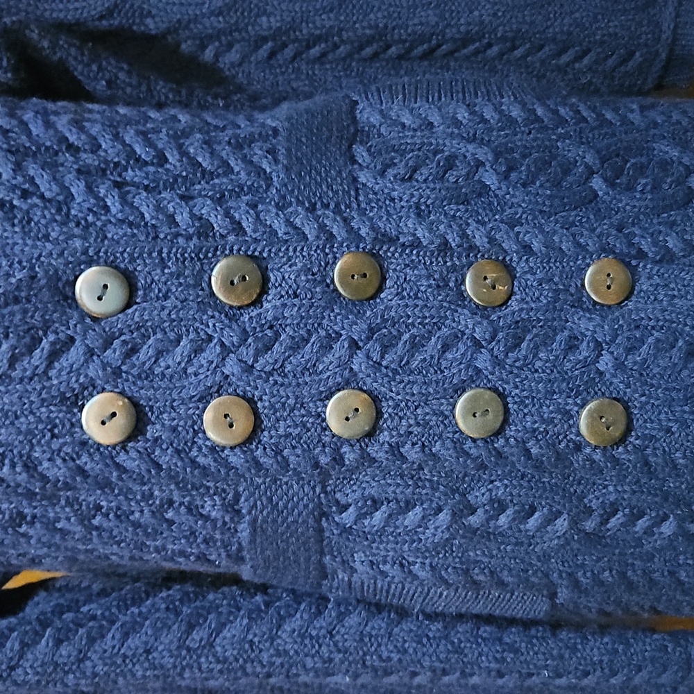 Aran Crafts 100% Merino Wool Button Up Cable Knit Double Busted Dark Blue Sz XS - Picture 5 of 9